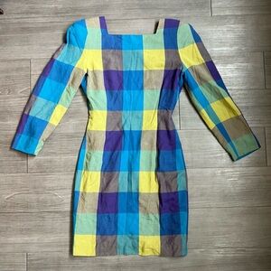 Vintage 80s Cool Toned Check Print Square Neck Long Sleeve Dress Barami Size 6